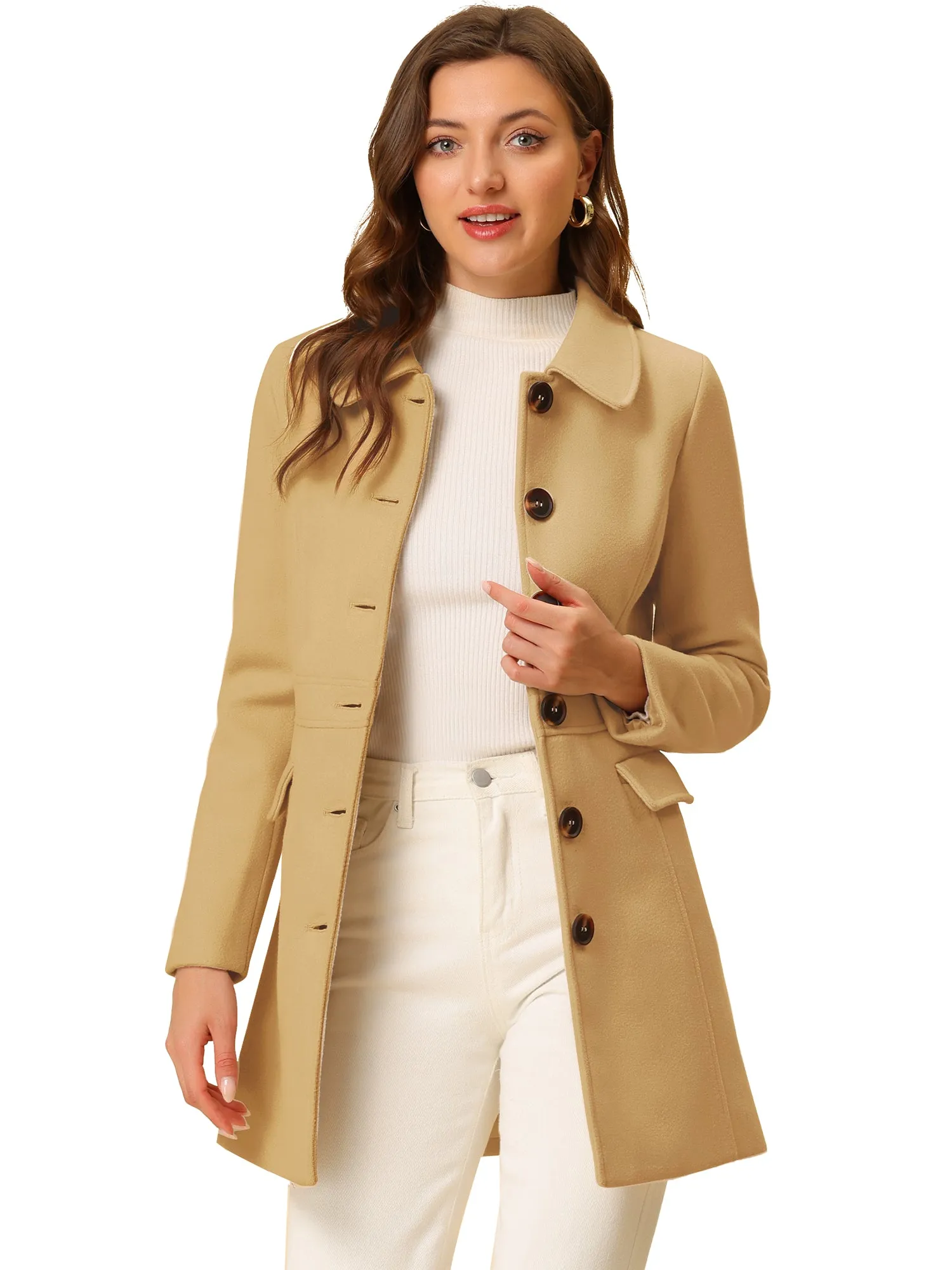 Peter Pan Collar Flap Pocket Single Breasted Button Long Coat