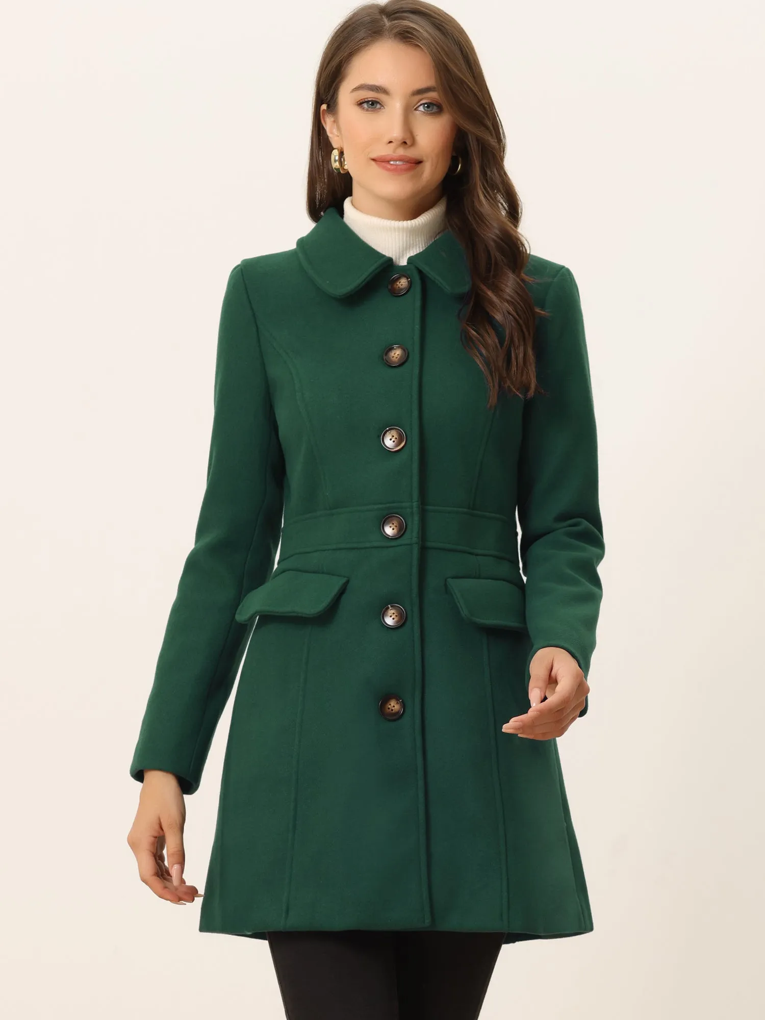 Peter Pan Collar Flap Pocket Single Breasted Button Long Coat