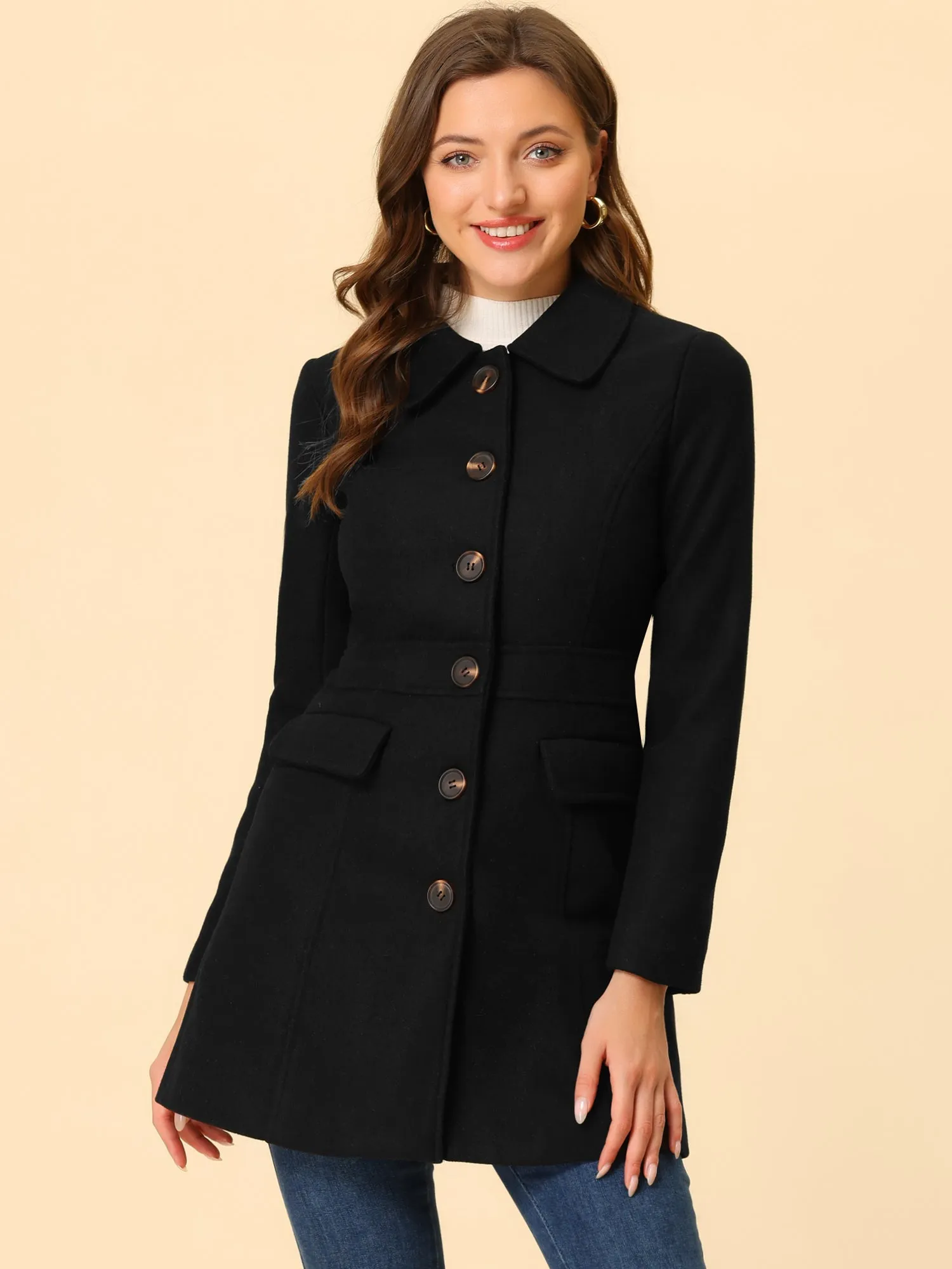 Peter Pan Collar Flap Pocket Single Breasted Button Long Coat