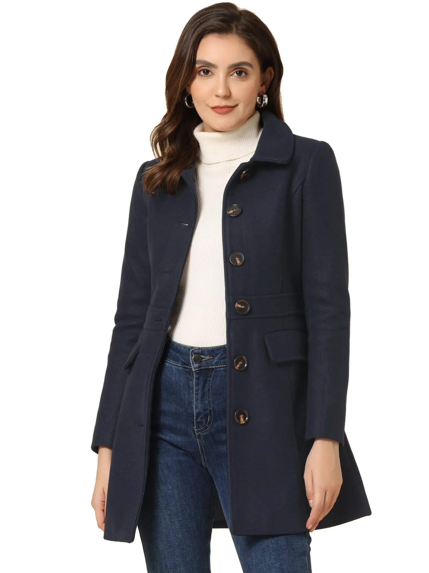 Peter Pan Collar Flap Pocket Single Breasted Button Long Coat