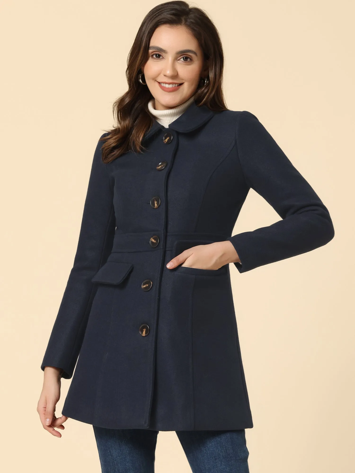 Peter Pan Collar Flap Pocket Single Breasted Button Long Coat