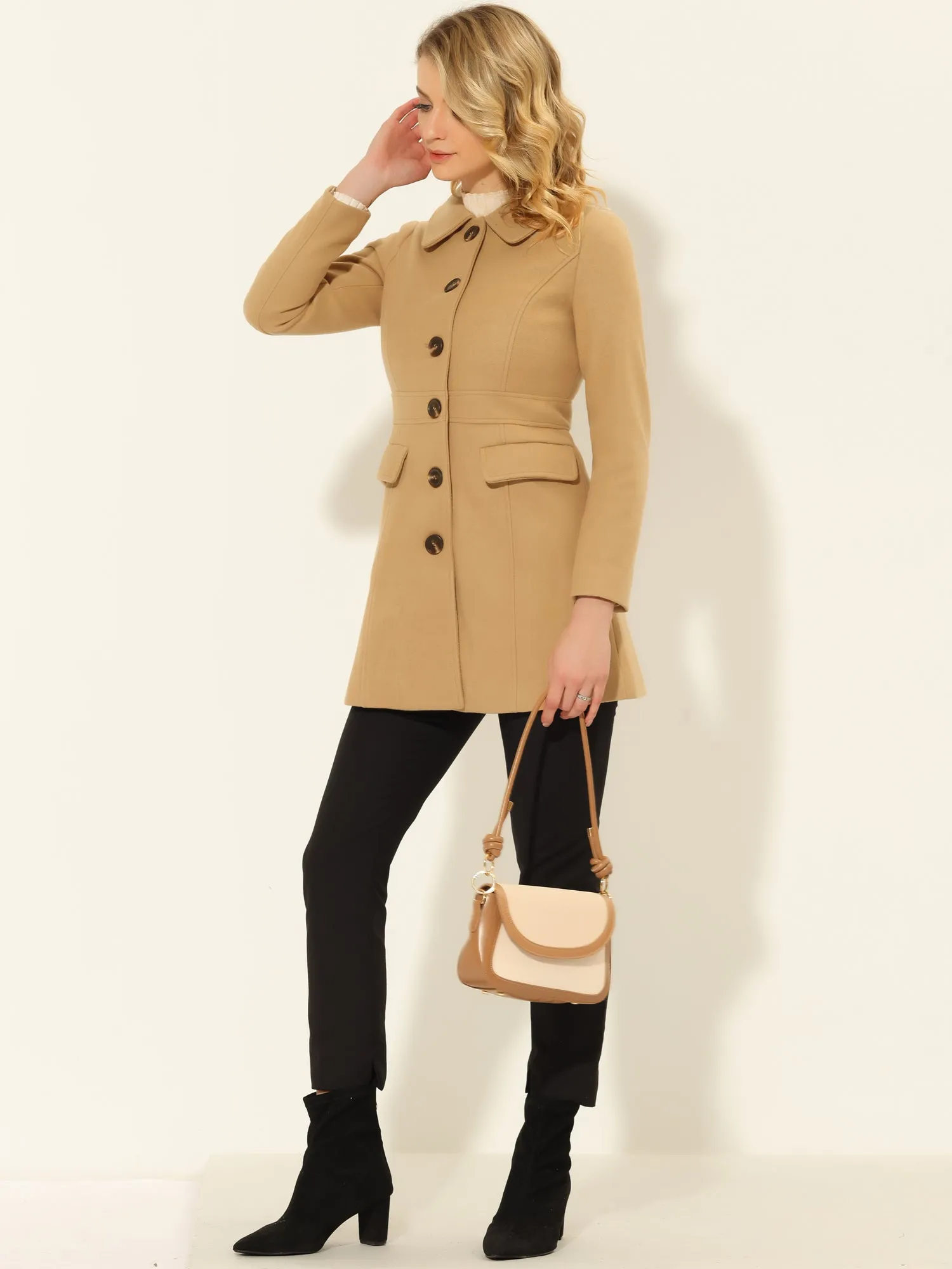 Peter Pan Collar Flap Pocket Single Breasted Button Long Coat