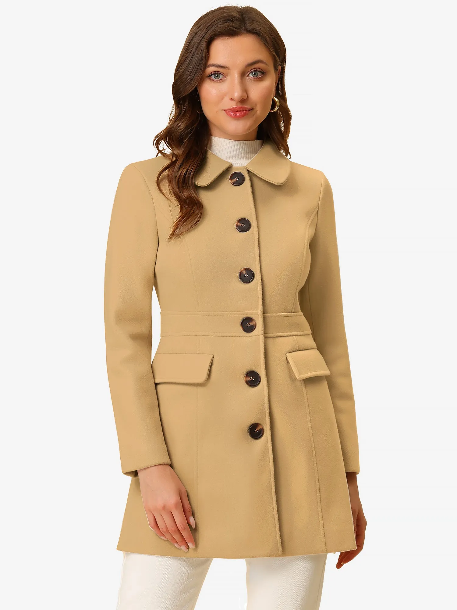 Peter Pan Collar Flap Pocket Single Breasted Button Long Coat