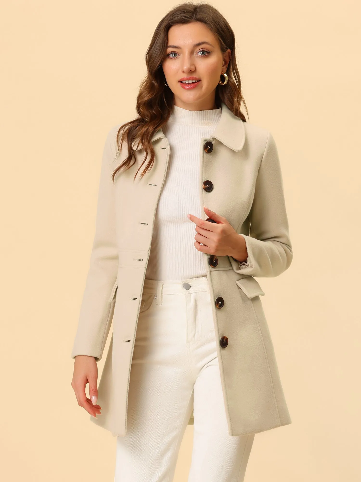 Peter Pan Collar Flap Pocket Single Breasted Button Long Coat