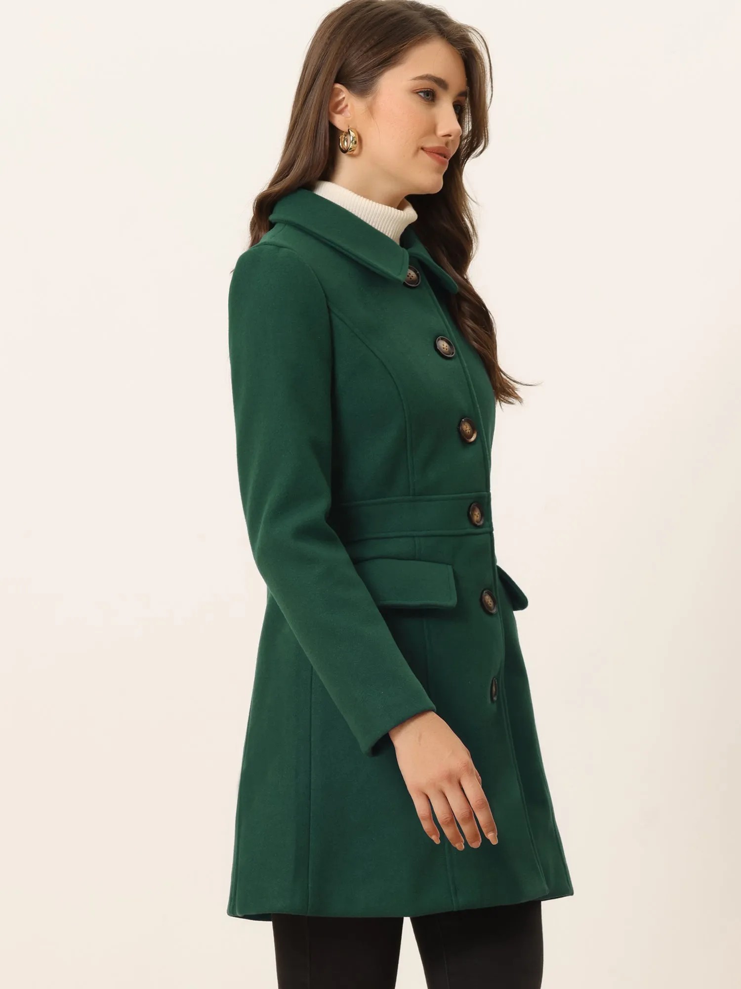 Peter Pan Collar Flap Pocket Single Breasted Button Long Coat