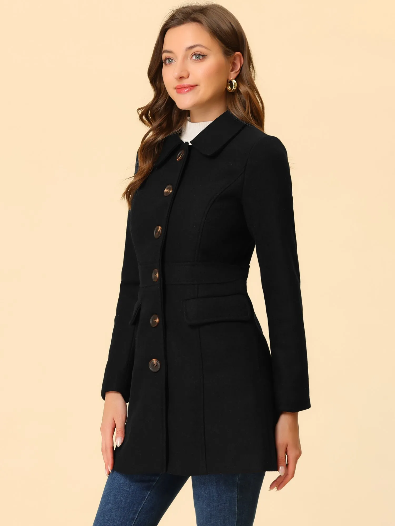 Peter Pan Collar Flap Pocket Single Breasted Button Long Coat