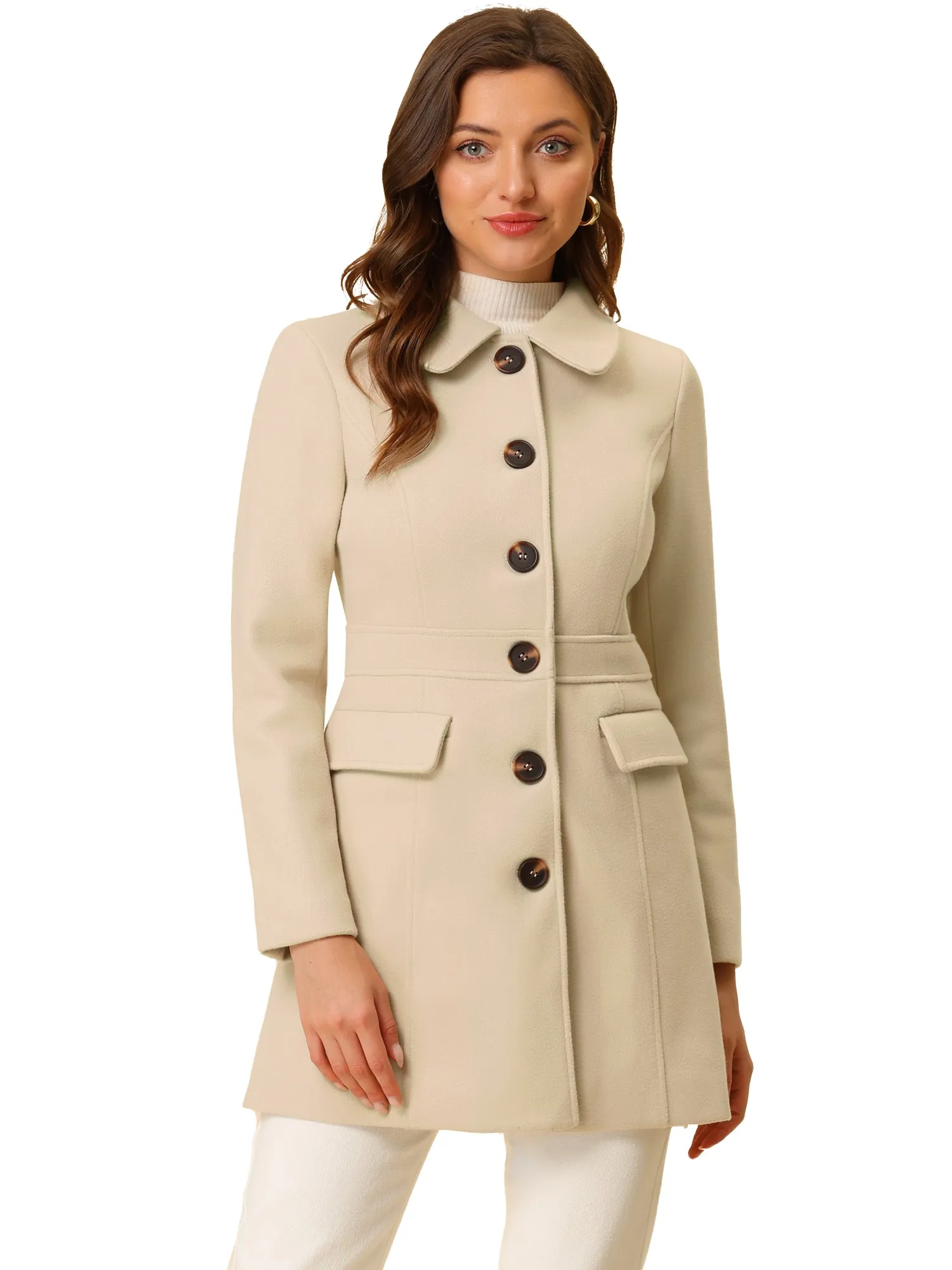 Peter Pan Collar Flap Pocket Single Breasted Button Long Coat