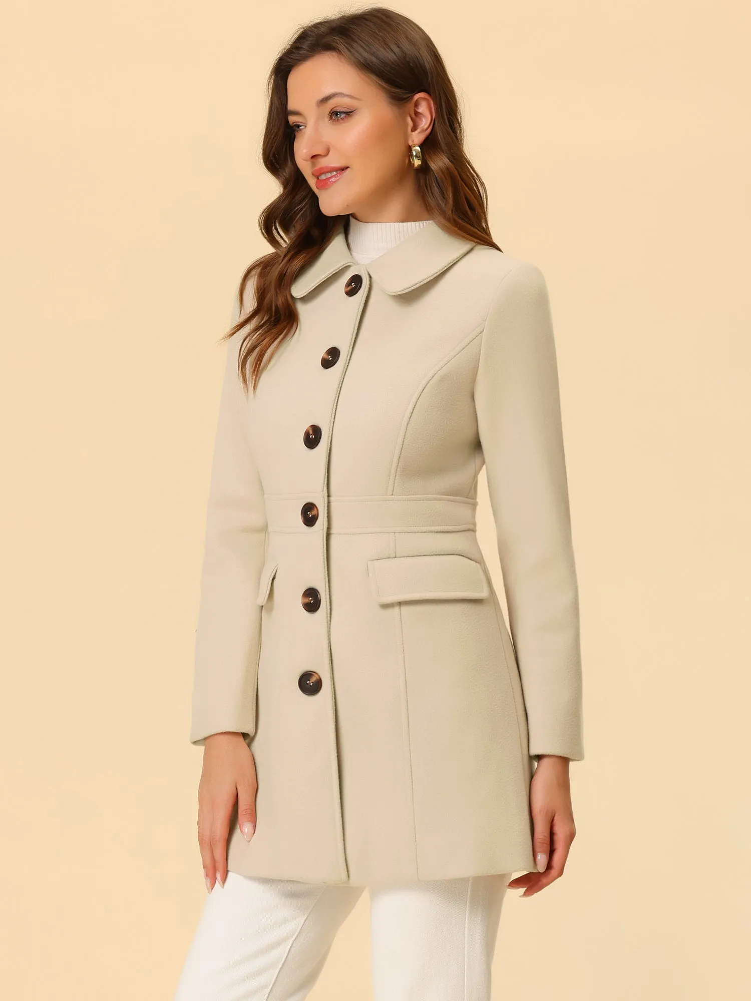 Peter Pan Collar Flap Pocket Single Breasted Button Long Coat