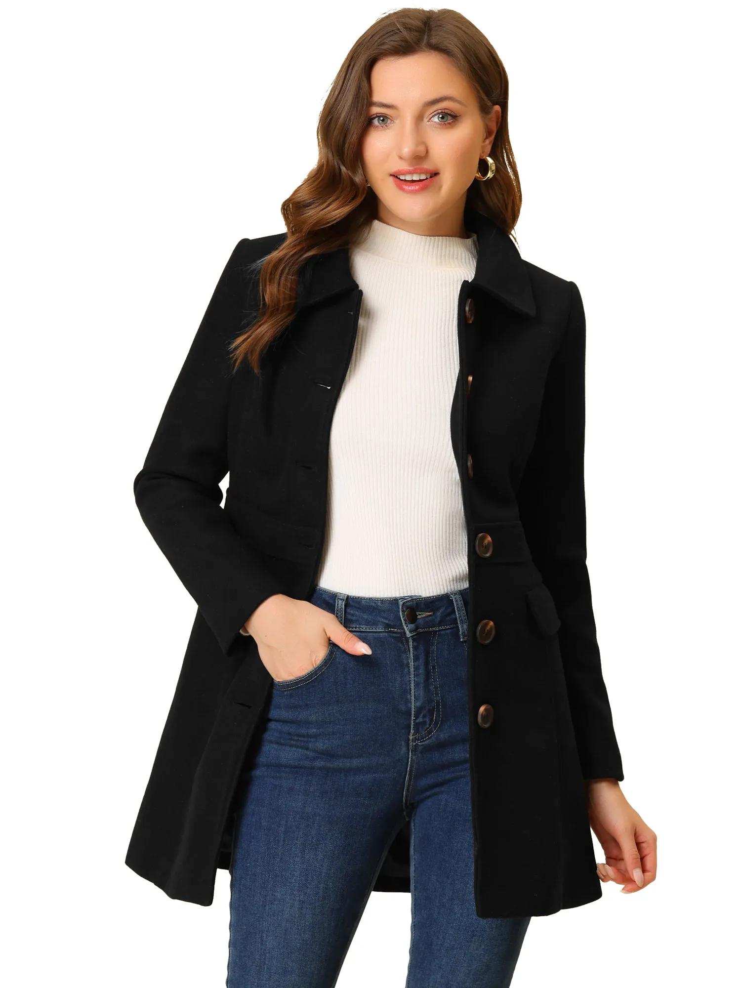 Peter Pan Collar Flap Pocket Single Breasted Button Long Coat