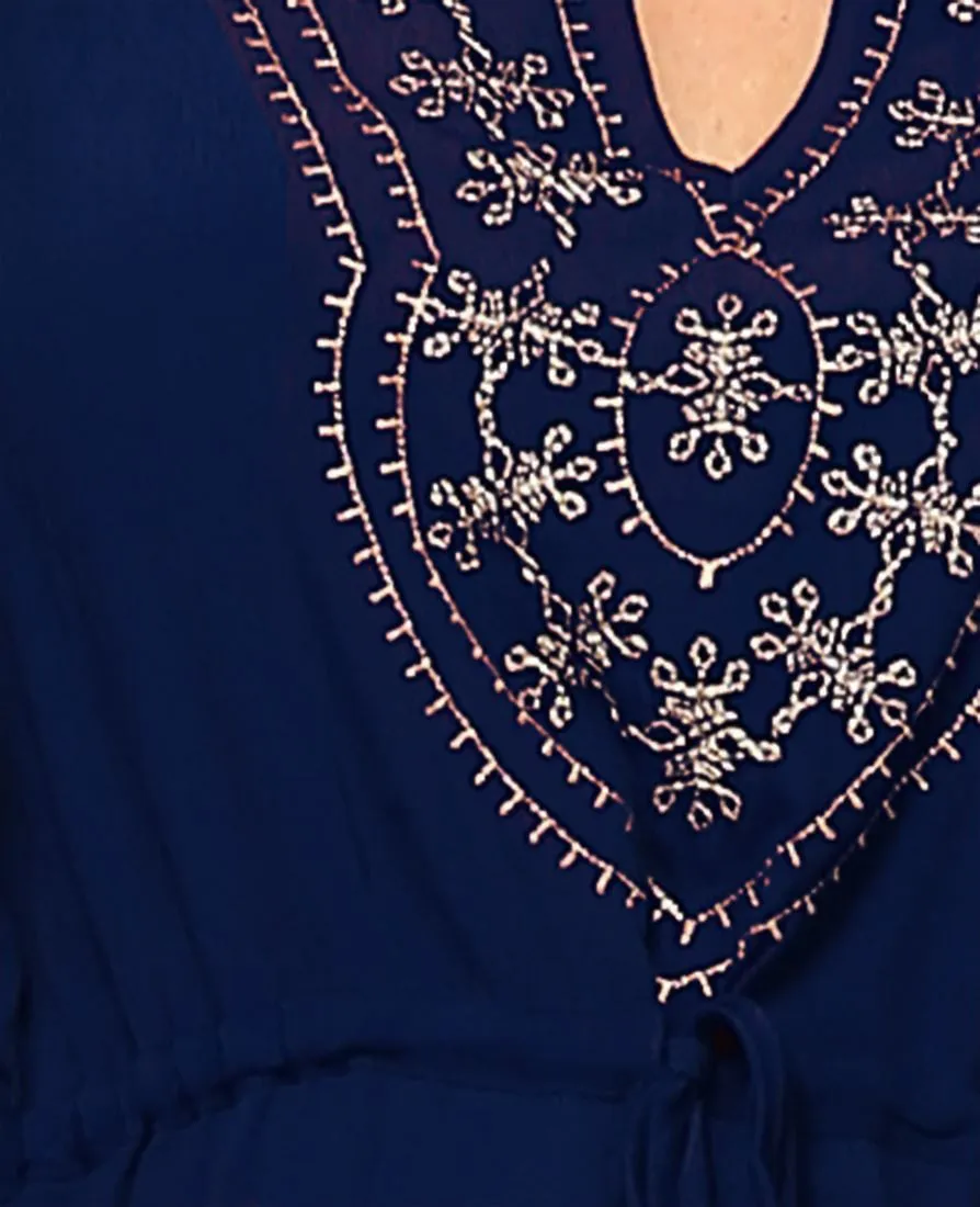 Plus Size Shirt Embroidered Detail String Waist Navy