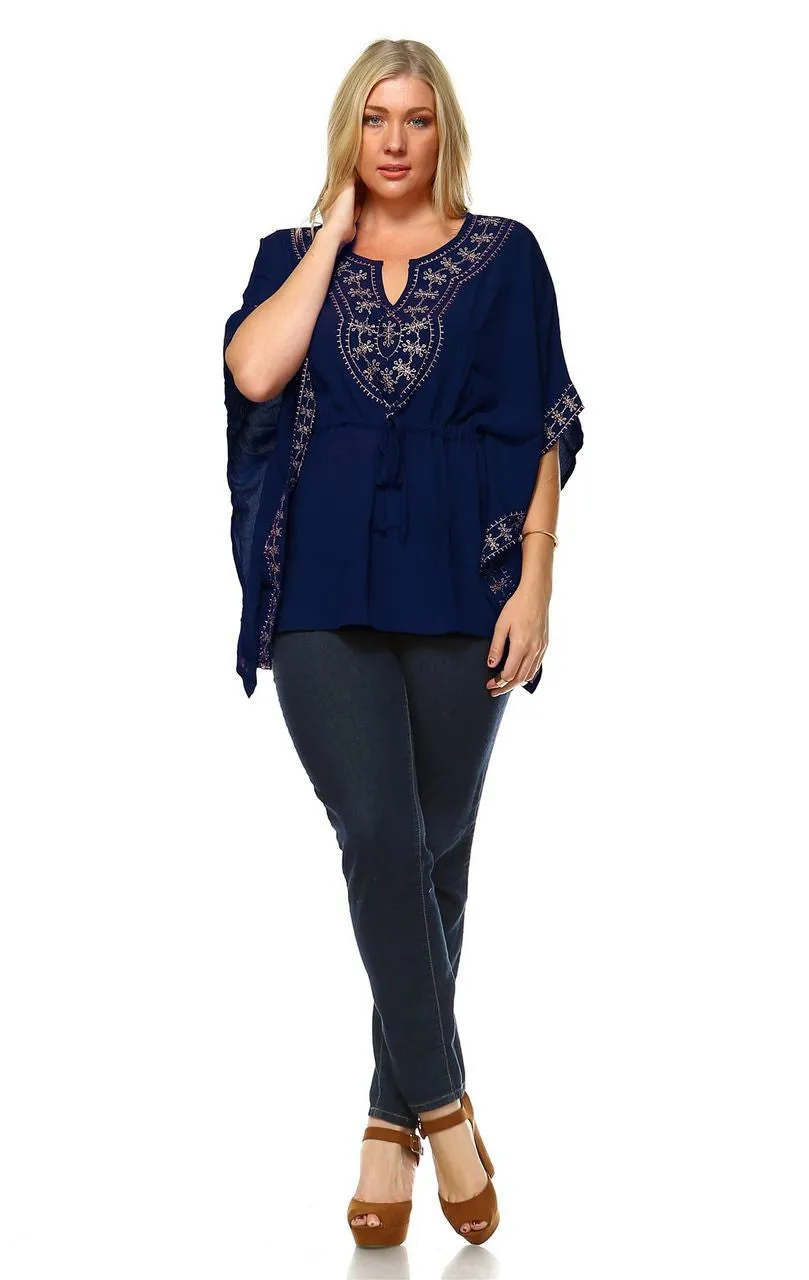 Plus Size Shirt Embroidered Detail String Waist Navy