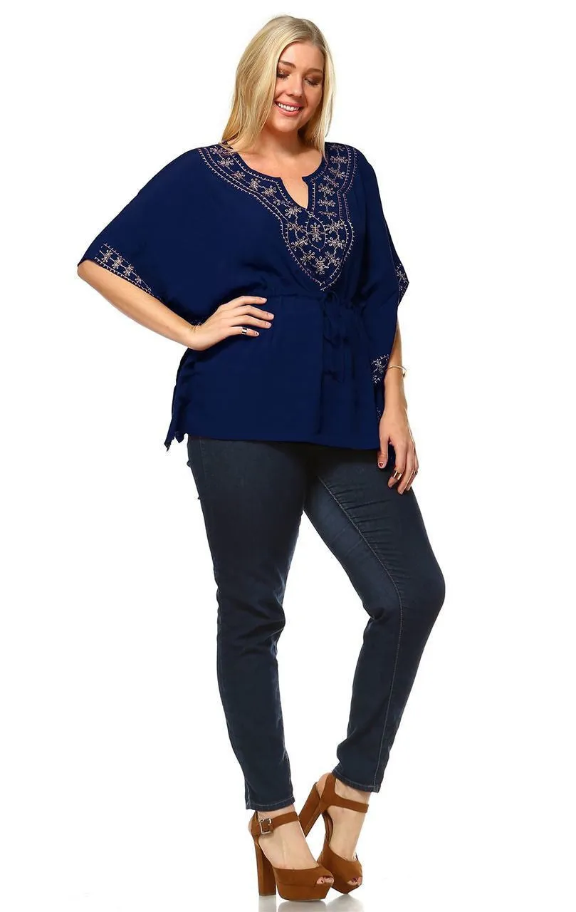 Plus Size Shirt Embroidered Detail String Waist Navy