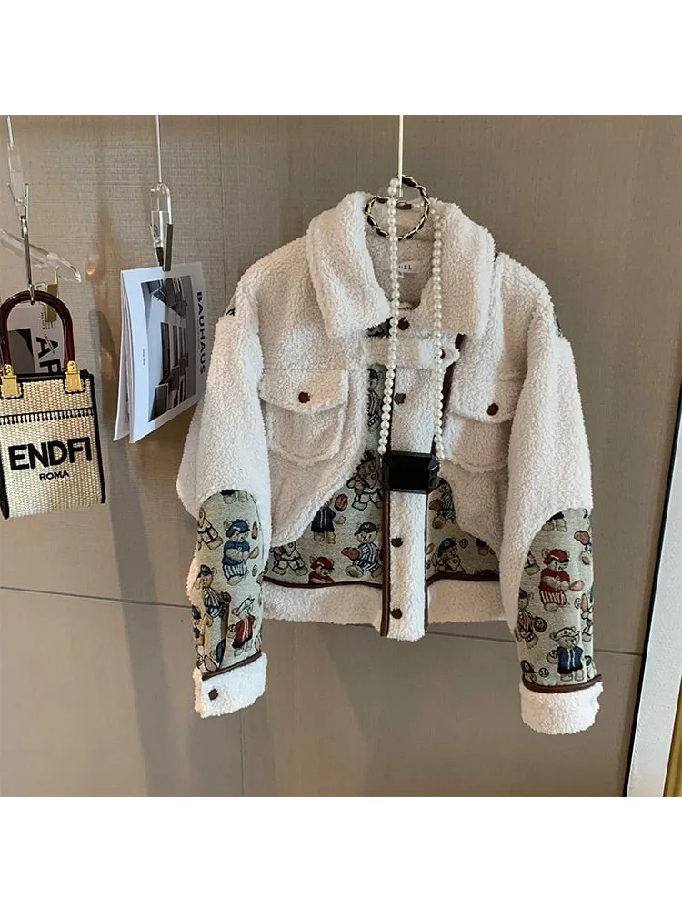 Purpdrank - Winter Women Lamb Wool Coats Japanese Kawaii Harajuku Style Thickened Bear Printing Casual Oversized Female Coats