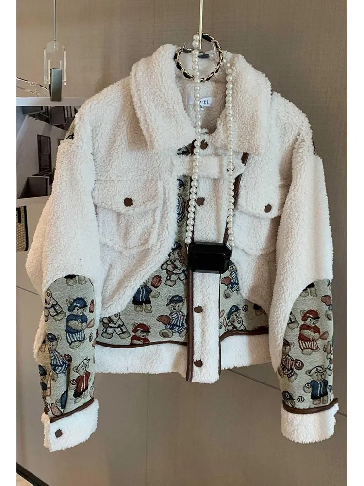 Purpdrank - Winter Women Lamb Wool Coats Japanese Kawaii Harajuku Style Thickened Bear Printing Casual Oversized Female Coats