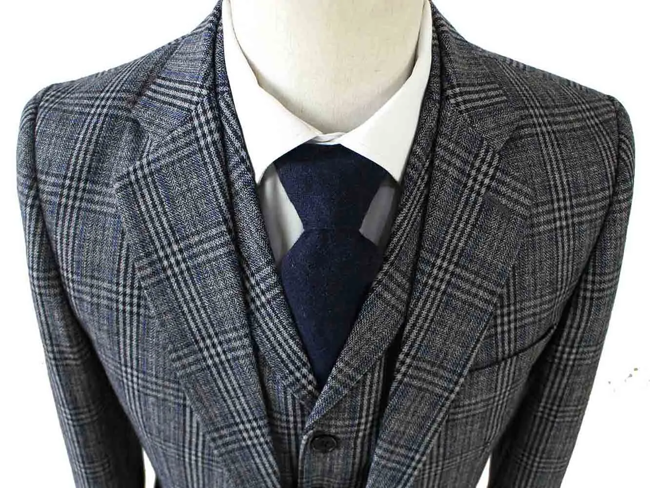 RETRO GREY BLUE PLAID TWEED 2 PIECE SUIT