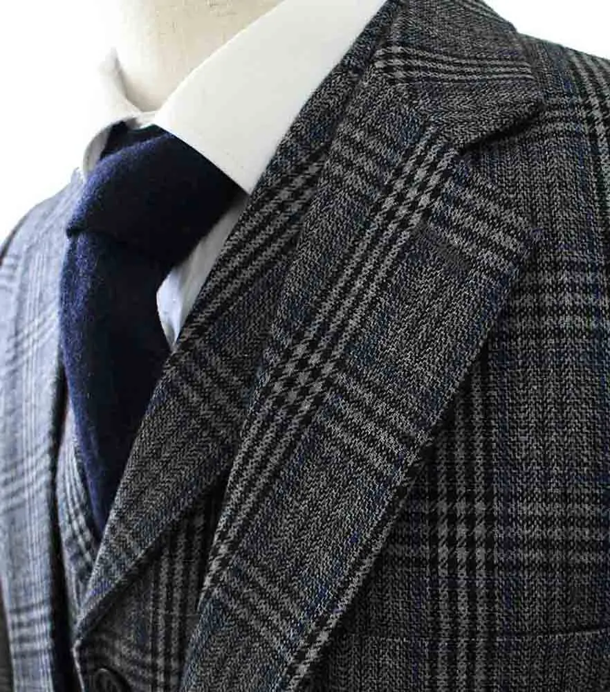 RETRO GREY BLUE PLAID TWEED 2 PIECE SUIT