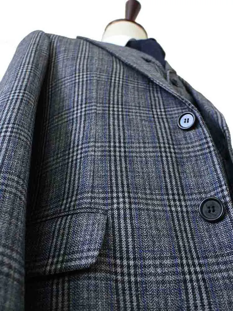 RETRO GREY BLUE PLAID TWEED 2 PIECE SUIT