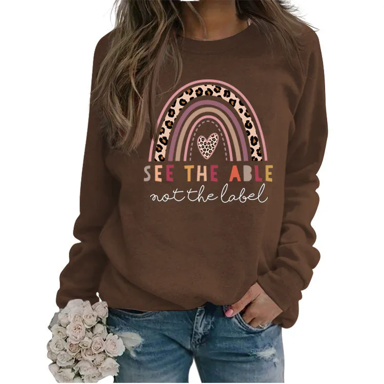 SEE THE ABLE NOT LETTER LEOPARD PRINT LOVE CREWNECK LONG SLEEVE SWEATSHIRT WOMAN