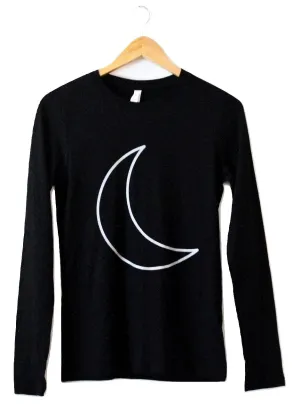 Silver Metallic Crescent Moon Women's Graphic Black Long Sleeve Tee