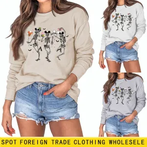 Skull Bat Halloween Round Neck Long-sleeved Women's Sweatshirt