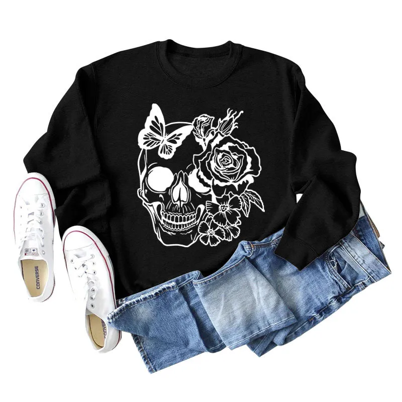 Skull Butterfly Rose Long Sleeve Shirt Women's Sweater