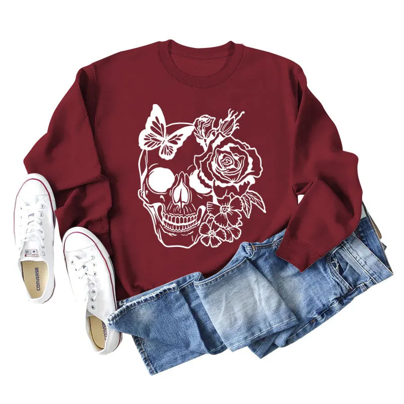 Skull Butterfly Rose Long Sleeve Shirt Women's Sweater