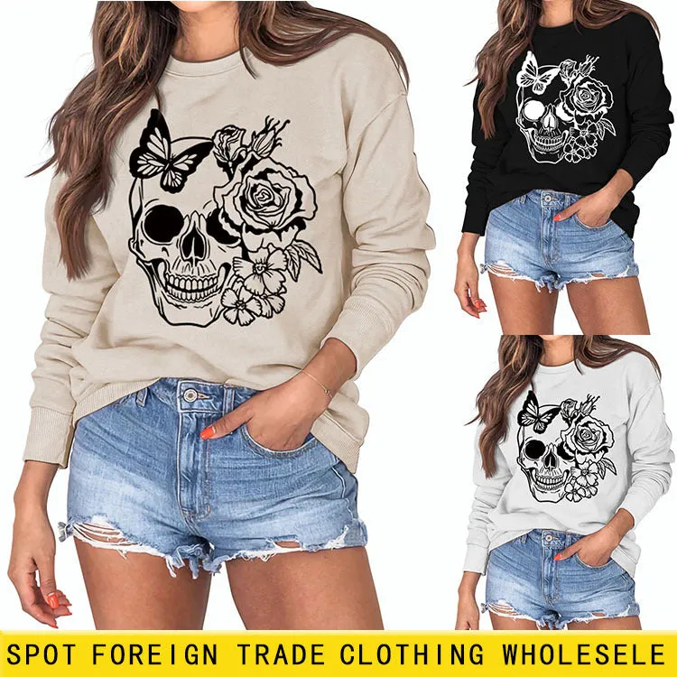 Skull Butterfly Rose Long Sleeve Shirt Women's Sweater