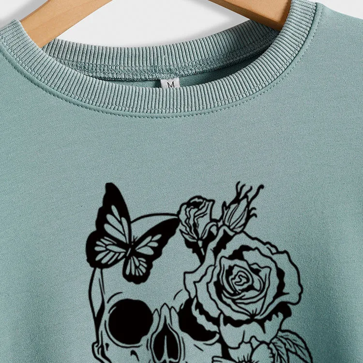 Skull Butterfly Rose Long Sleeve Shirt Women's Sweater