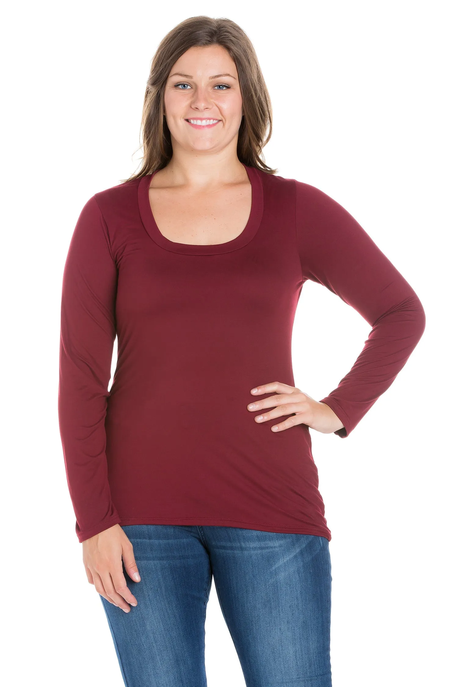 Solid Long Sleeve Scoop Neck Plus Size Womens Tee