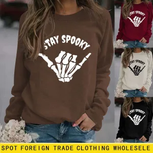 STAY SPOOKY Finger Letter Print Autumn Winter Round Neck Long Sleeve Sweater Girl