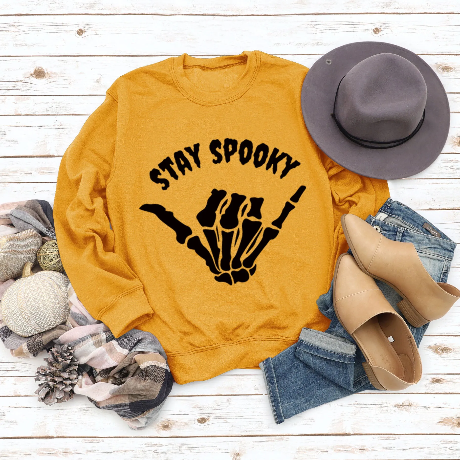 STAY SPOOKY Finger Letter Print Autumn Winter Round Neck Long Sleeve Sweater Girl