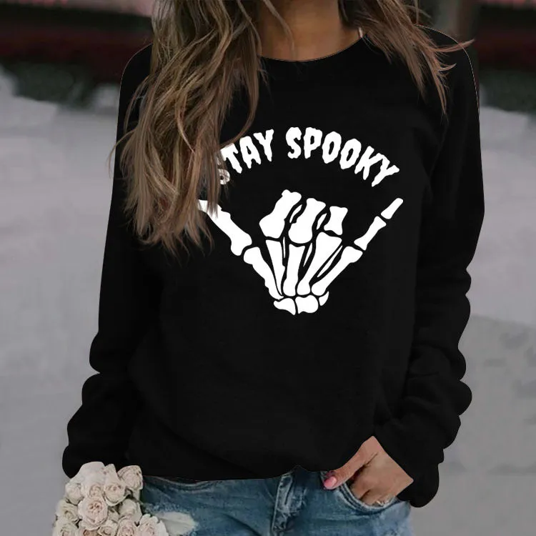 STAY SPOOKY Finger Letter Print Autumn Winter Round Neck Long Sleeve Sweater Girl