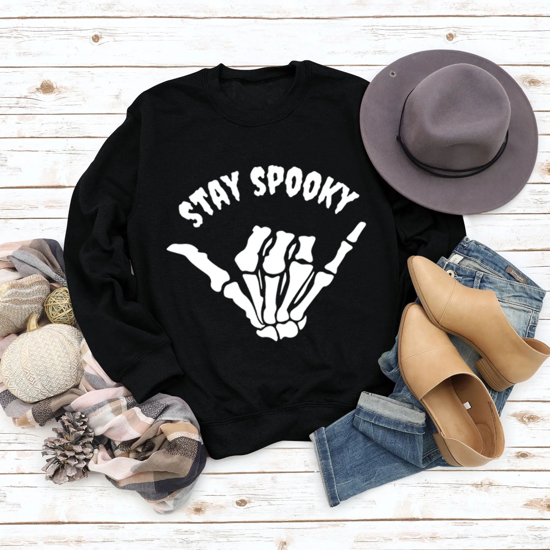 STAY SPOOKY Finger Letter Print Autumn Winter Round Neck Long Sleeve Sweater Girl