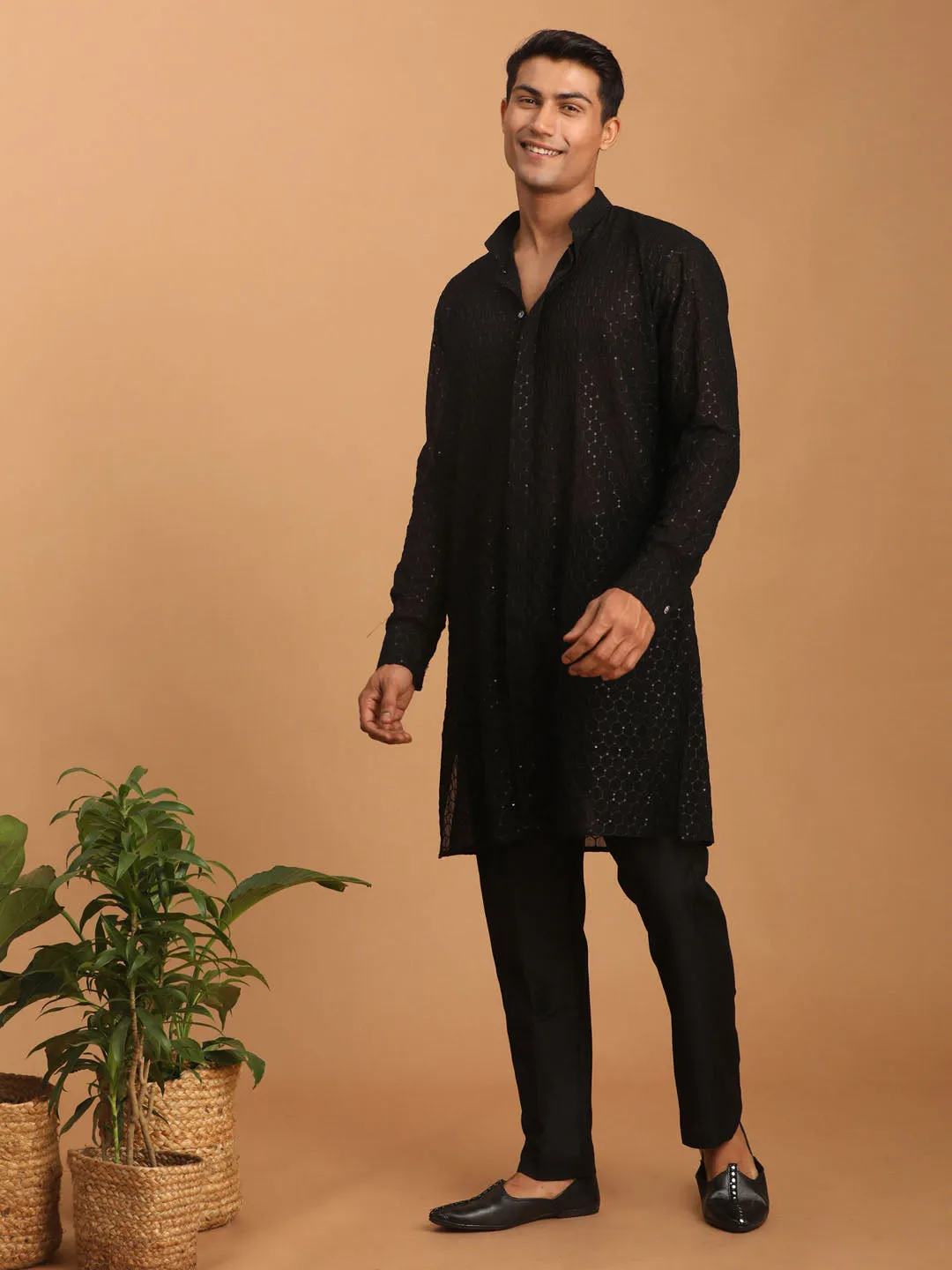 VASTRAMAY Black Sequined Georgette Kurta With Pant