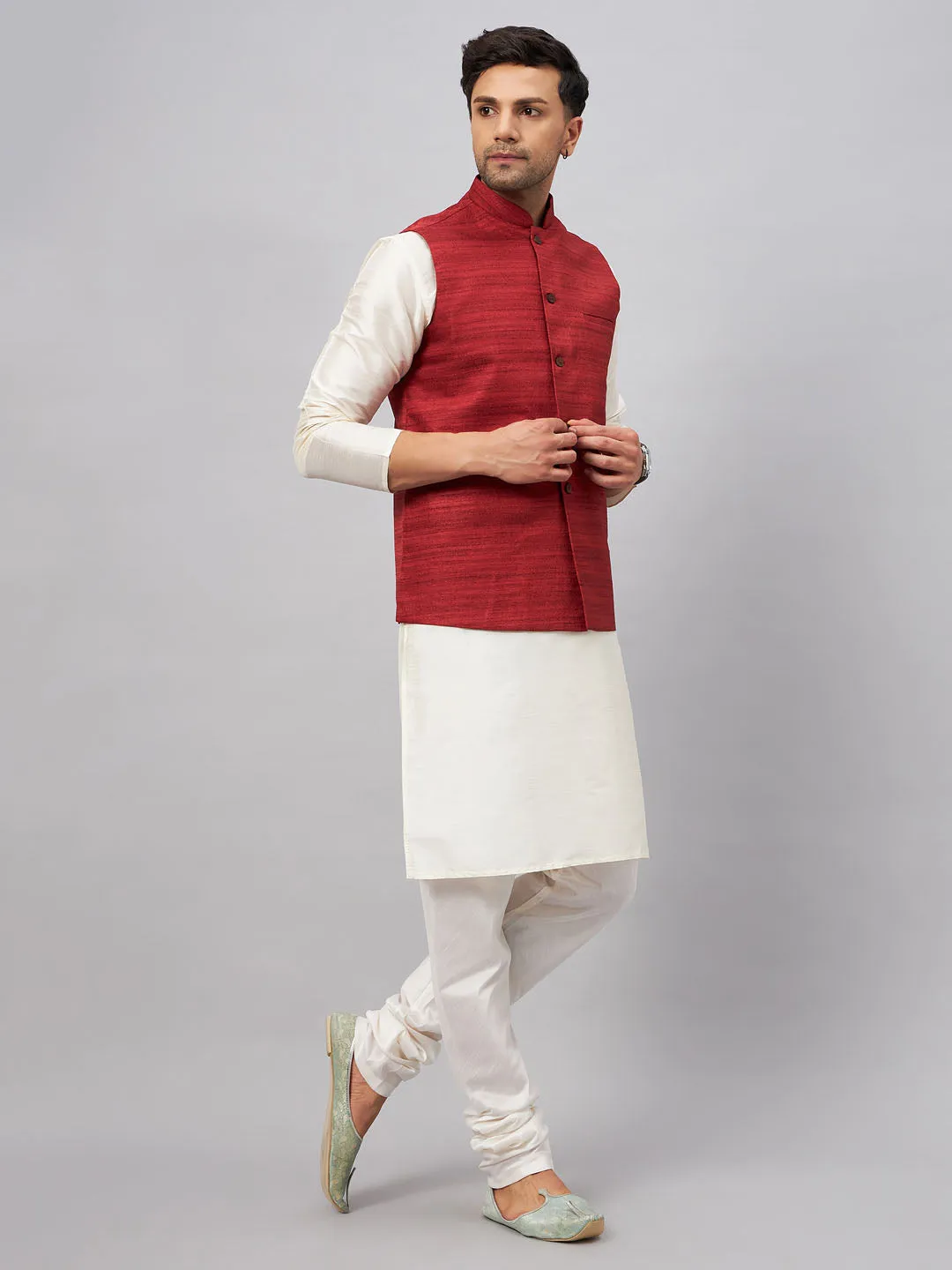 VASTRAMAY Maroon Matka Silk Nehru Jacket Set