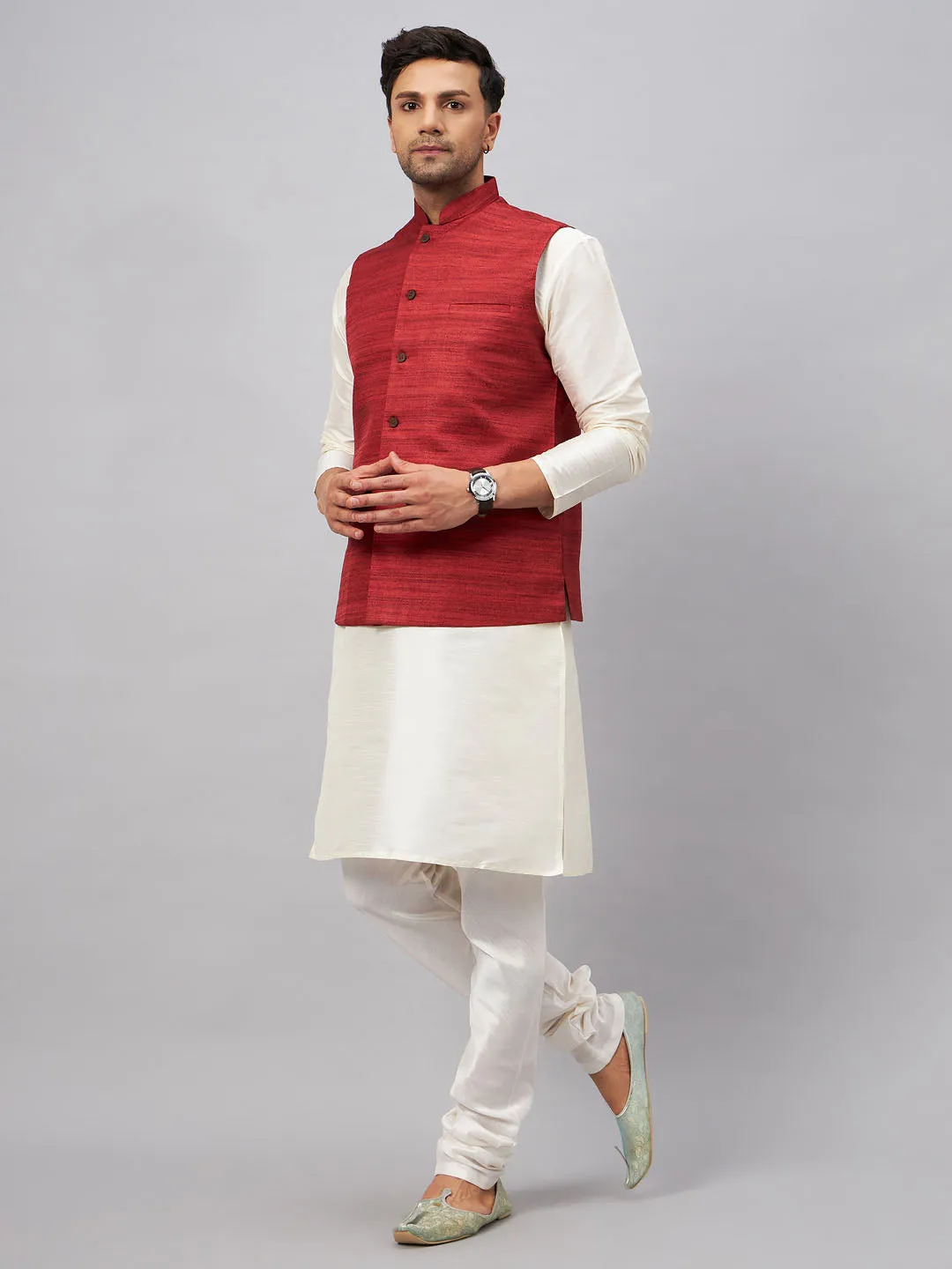 VASTRAMAY Maroon Matka Silk Nehru Jacket Set