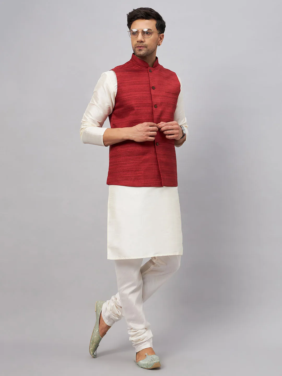 VASTRAMAY Maroon Matka Silk Nehru Jacket Set