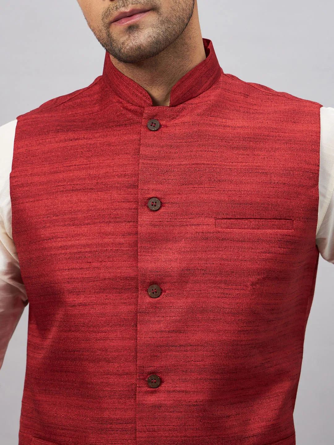 VASTRAMAY Maroon Matka Silk Nehru Jacket Set