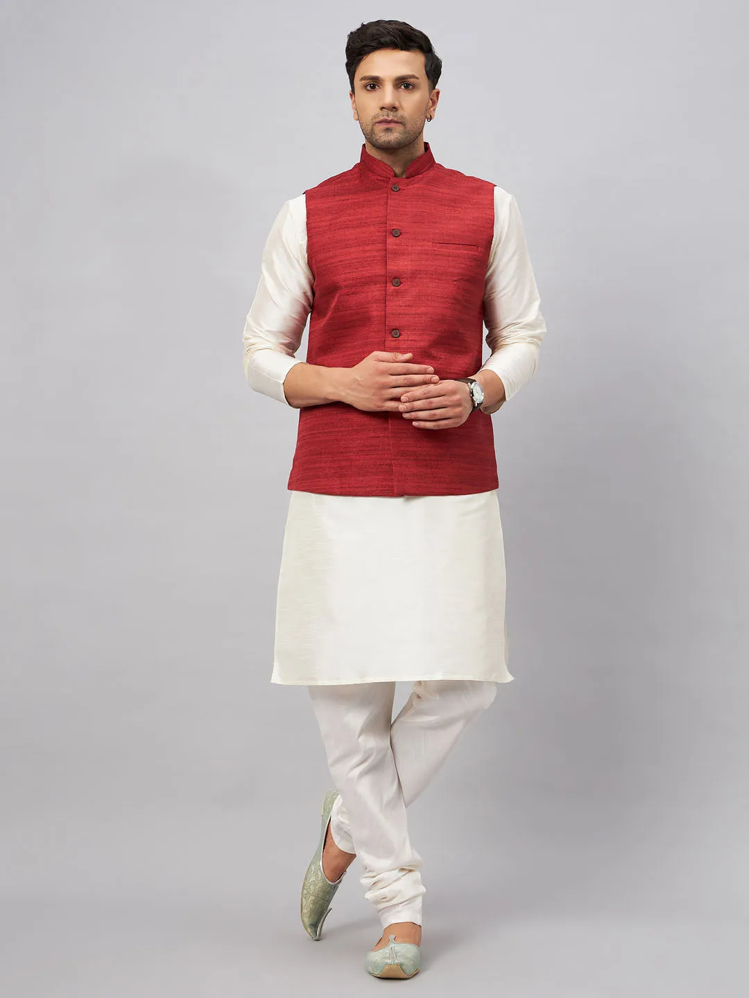 VASTRAMAY Maroon Matka Silk Nehru Jacket Set