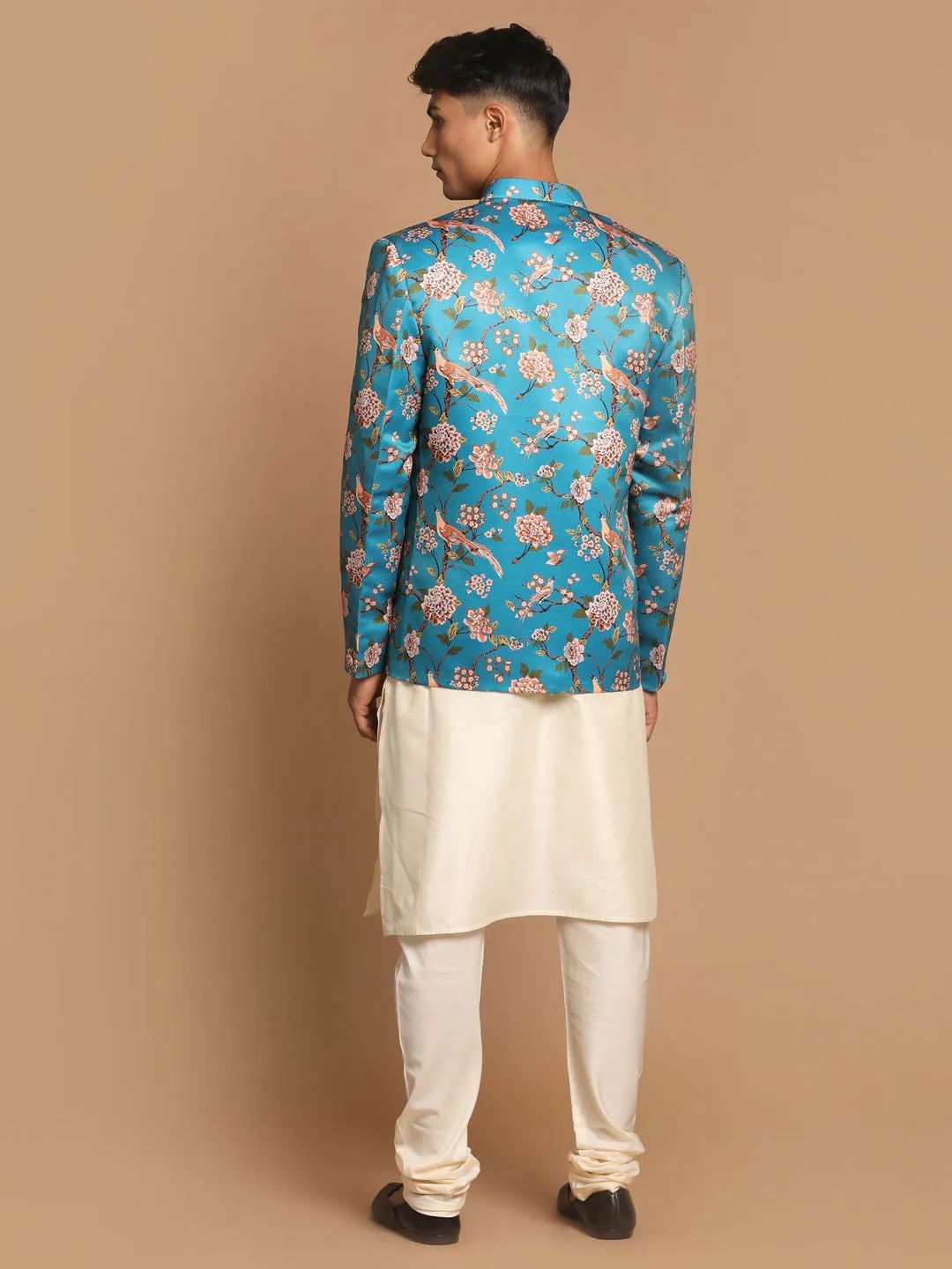 VASTRAMAY Turquoise Silk Blend Jodhpuri Kurta Set