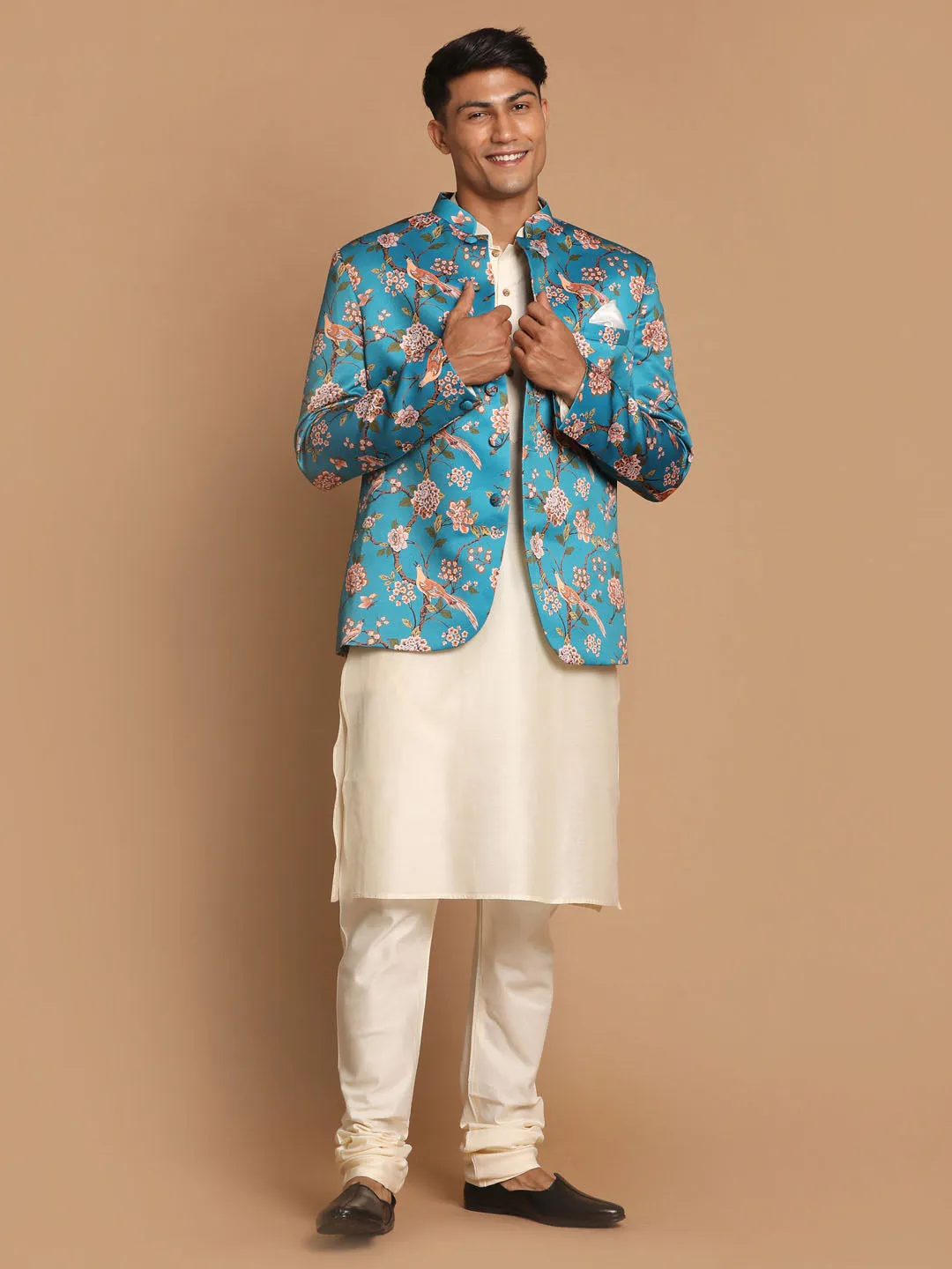 VASTRAMAY Turquoise Silk Blend Jodhpuri Kurta Set