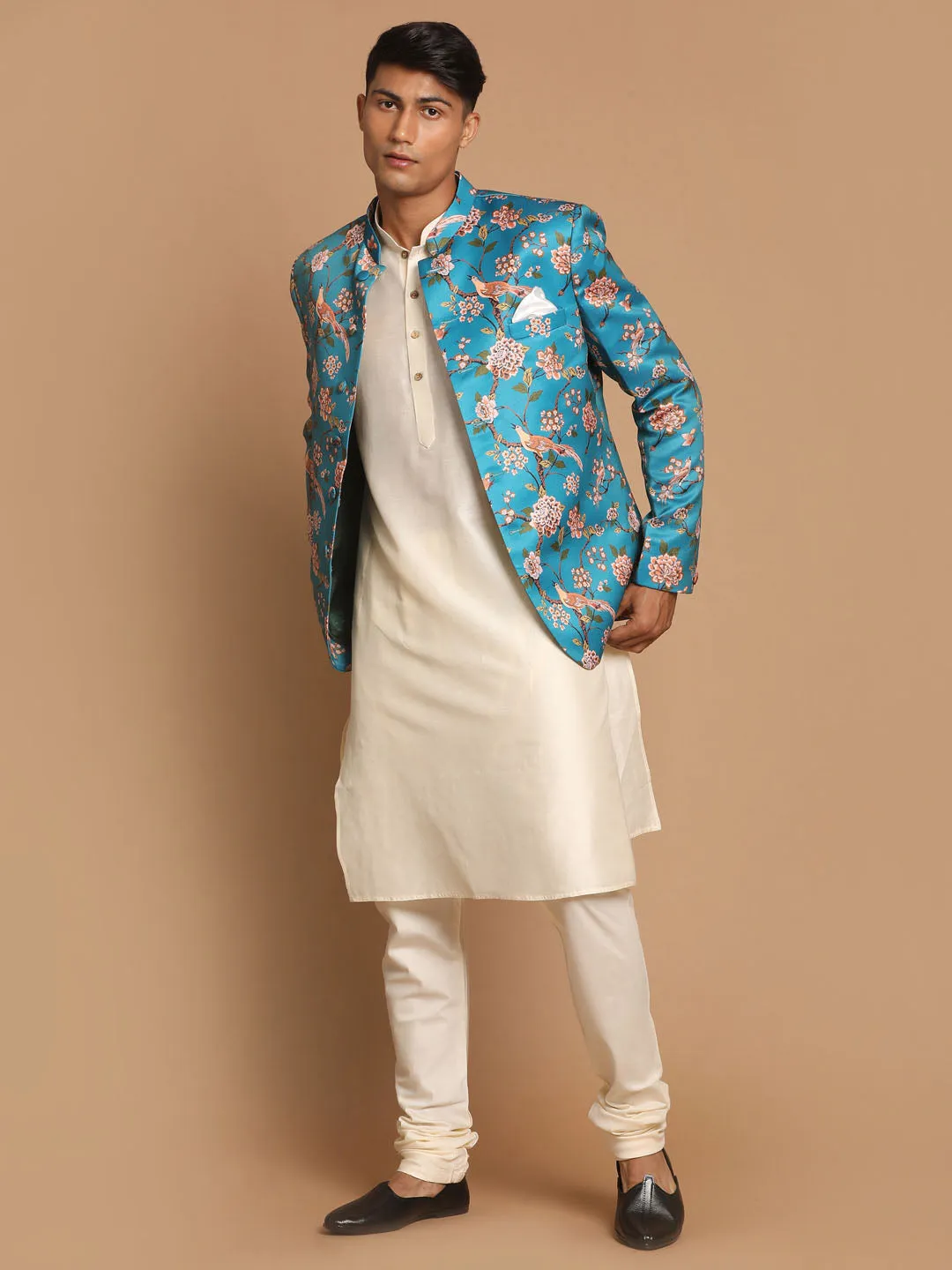 VASTRAMAY Turquoise Silk Blend Jodhpuri Kurta Set