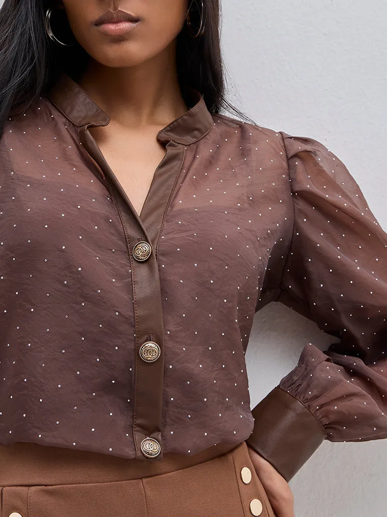 Wardrobe Brown Embellished Shirt with Camisole