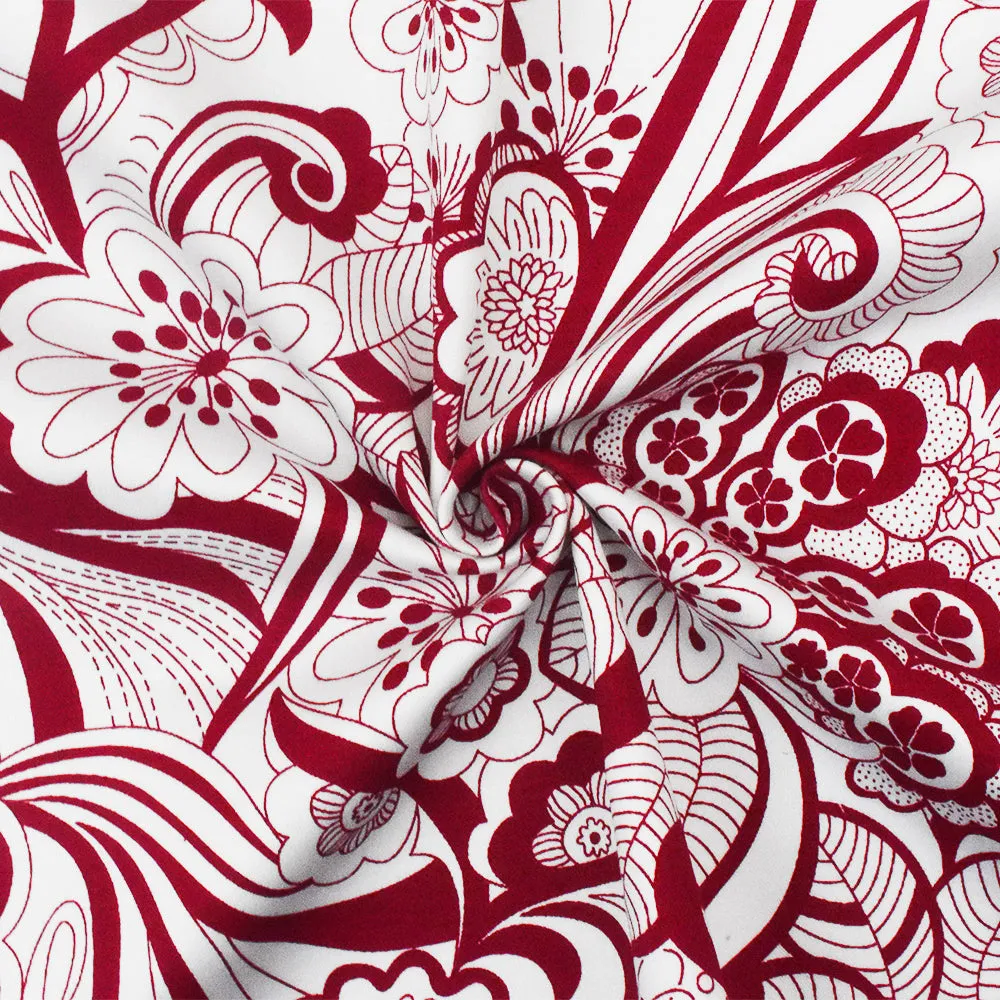 White-Red Floral Printed Stretch Cotton Spandex Twill Woven Fabric