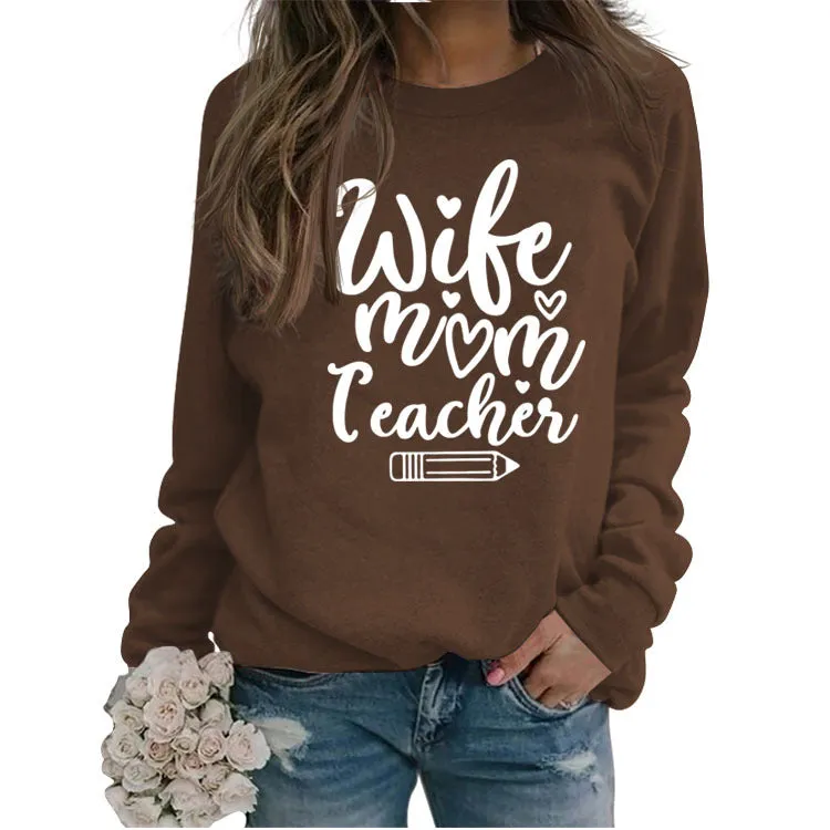 Wife Mom Teacher Letter Casual Loose Long Sleeved Shirt for Women