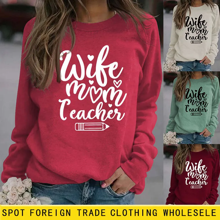 Wife Mom Teacher Letter Casual Loose Long Sleeved Shirt for Women