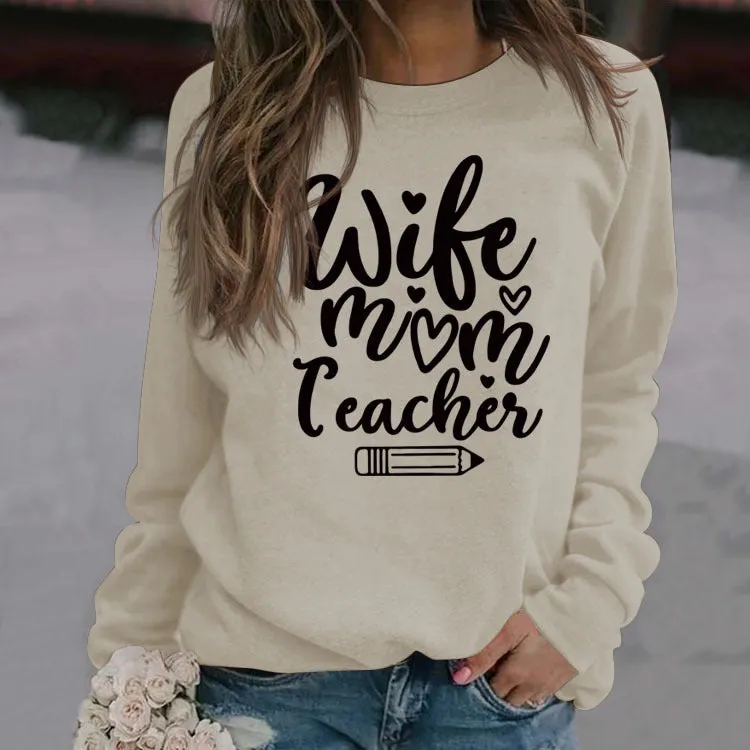 Wife Mom Teacher Letter Casual Loose Long Sleeved Shirt for Women