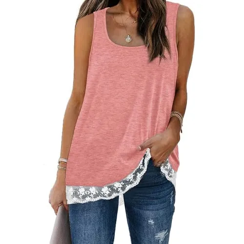 Women Fashion Tank Tops Solid Color Stitching Lace Square Round Neck Shirt