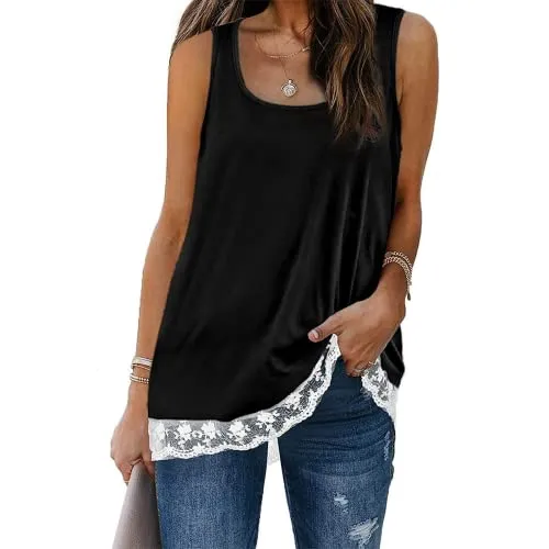 Women Fashion Tank Tops Solid Color Stitching Lace Square Round Neck Shirt