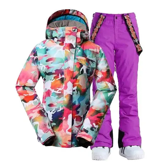 Women Hooded Ski Jacket & Bibs Pants Suits Printed Snowboard Outwear